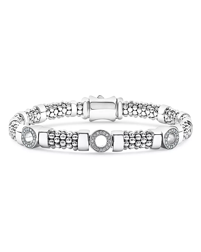 Lagos Sterling Silver Caviar Spark Diamond Three Circle Caviar Bead Link Bracelet