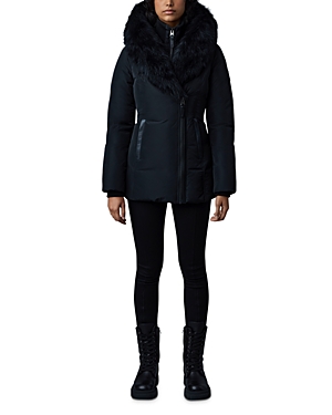 Mackage Adali Hooded Shearling Down Jacket In Black-natural