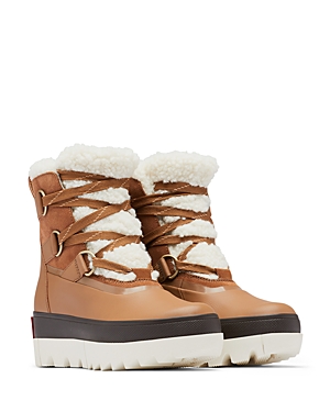 Sorel Joan Of Arctic Leather Faux-fur Snow Booties In Velvet Tan/chalk