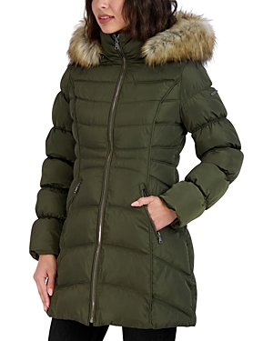 Shop Laundry By Shelli Segal Faux Fur Trim Hooded Puffer Coat In Military Green