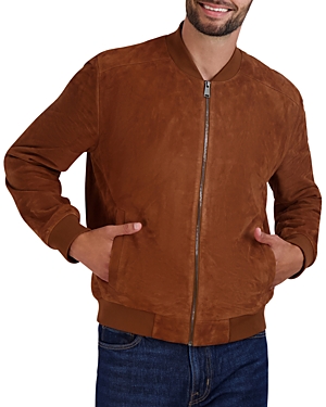 Cole Haan Suede Bomber Jacket In Cognac