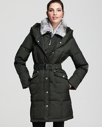 Laundry by Shelli Segal Petal Down Coat with Belt and Rabbit Fur Trim ...