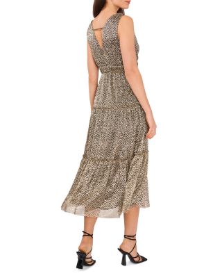 Tiered Metallic Floral Print Midi Dress