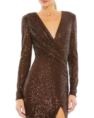 Sequined Long Sleeve Faux Wrap Ruched Gown
