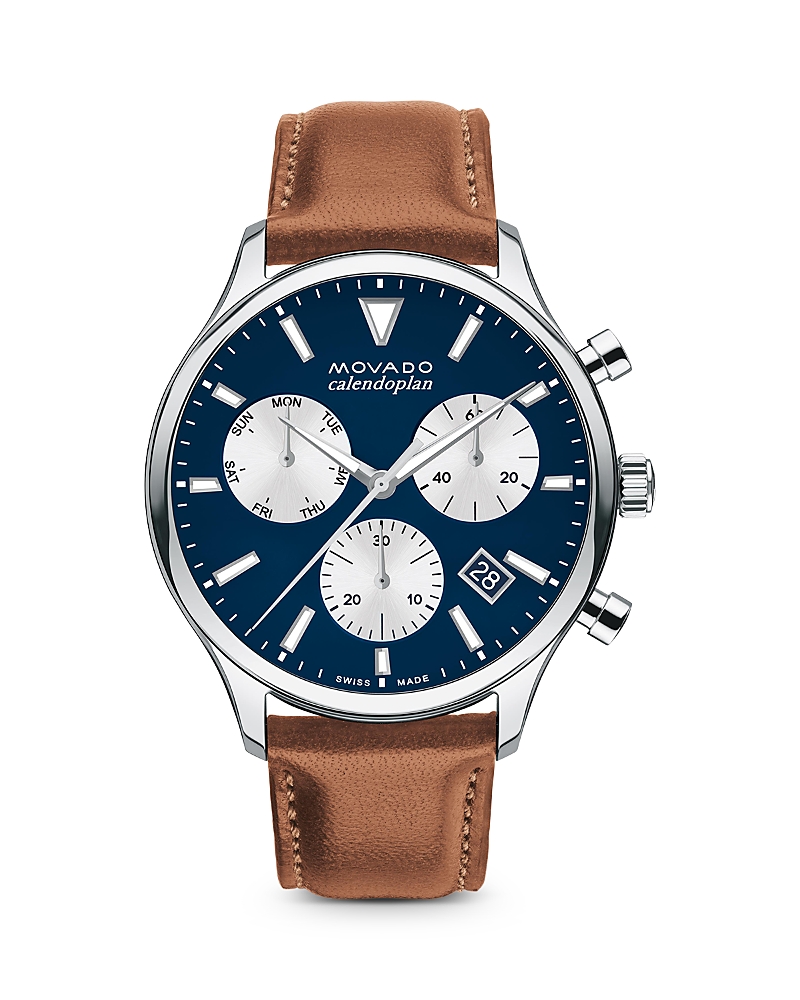Movado Men's Calendoplan Cognac Brown Genuine Leather Strap Watch 43mm In Blue/brown