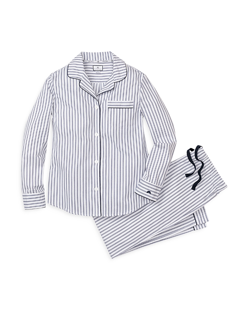 Petite Plume French Ticking Long-sleeve Pajama Set In Navy