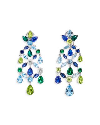 Anabela Chan 18K White Gold Plated Sterling Silver Tutti Frutti Simulated Emerald & Blue Sapphire Chandelier Earrings