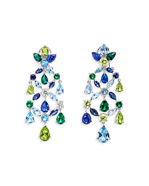 Anabela Chan 18k White Gold Plated Sterling Silver Tutti Frutti Simulated Emerald & Blue Sapphire Chandelier Earr In Blue/white