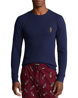Shop Polo Ralph Lauren Cotton Blend Waffle Knit Polo Bear Embroidered Long Sleeve Sleep Tee In Cruise Navy Heritage Icon Bear