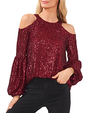 Cece Cold Shoulder Sequined Blouse In Dark Wine