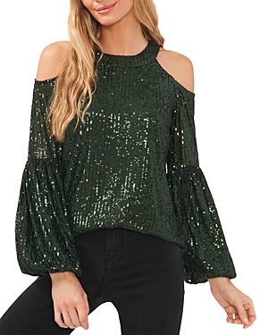 Cece Cold Shoulder Sequined Blouse In Pine Green