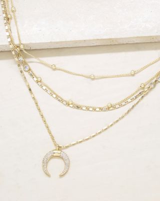Layered Chain &amp; Horn Pendant Necklace in 18K Gold Plate, 14&amp;quot;