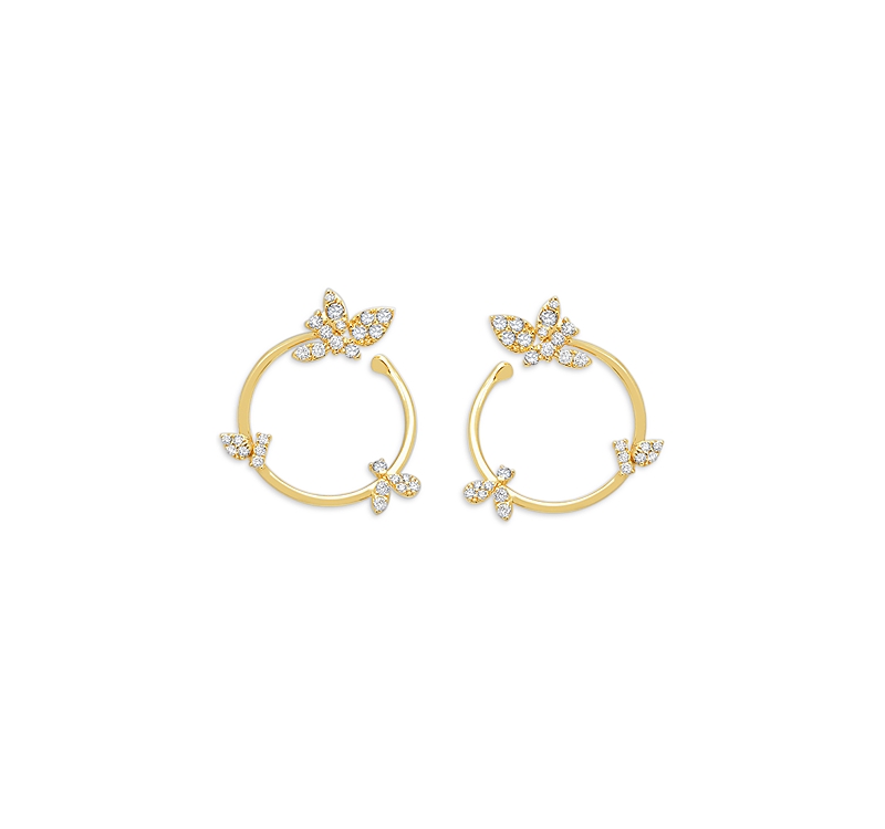 Graziela 18k Yellow Gold Natura Diamond Bird Forward Facing Hoop Earrings In White/gold