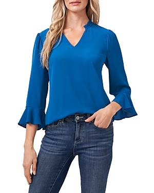 Cece Ruffled V Neck Top In Sapphire