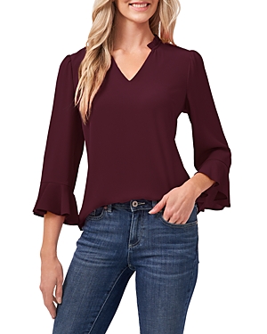 Cece Ruffled V Neck Top In Rich Cabernet