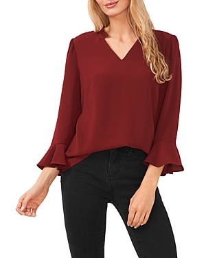 Cece Ruffled V Neck Top In Claret Red