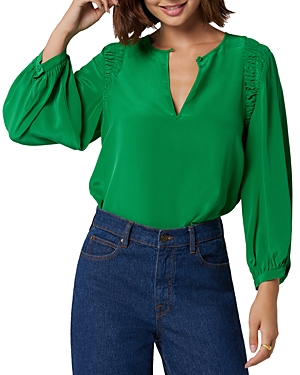 Joie Collette Pleated Shoulder Blouson Sleeve Silk Top In Jolly Green