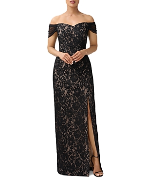 Aidan Mattox Off-the-shoulder Sweetheart Neck Gown In Black Nude