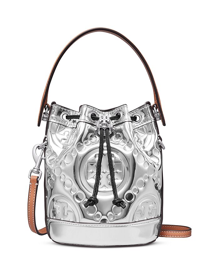 Tory Burch T Monogram Mini Debossed Patent Leather Bucket Bag In Silver/nickel
