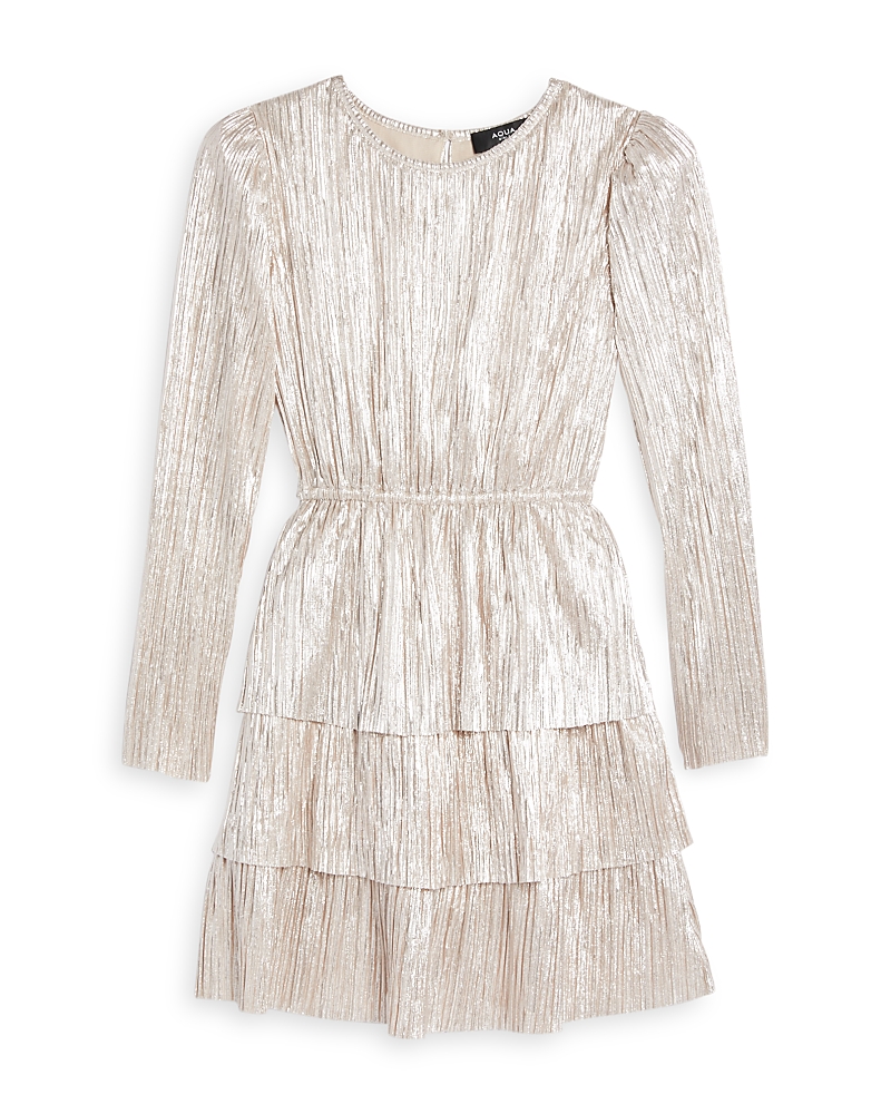 Aqua Girls' Metallic Plisse Long Sleeved Dress - Big Kid Exclusive