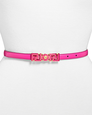 Versace Greca Medusa Buckle Skinny Leather Belt In Glossy Pink/ Gold