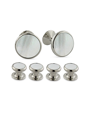 Shop David Donahue Mother Of Pearl Inlay Stud & Cufflink Set In Silver