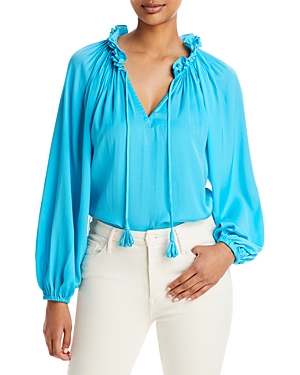 Kobi Halperin Frances Womens Tie Neck Ruffled Blouse In Cyan