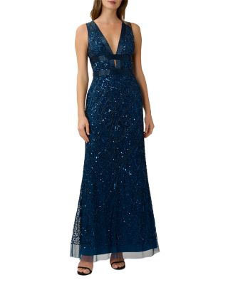 Adrianna Papell Beaded V Neck Long Gown In Deep Blue ModeSens