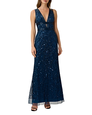 Adrianna Papell Beaded V Neck Long Gown In Deep Blue
