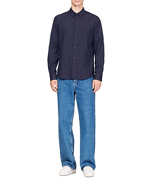 Sandro Pinstripe Flow Stretch Button-up Shirt In Navy Blue