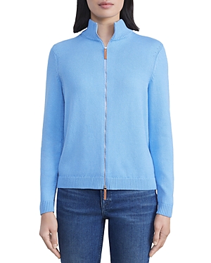Lafayette 148 Cotton/silk Tape Fitted Bomber Sweater In Cool Blue