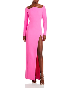 Monot Long Crepe Dress W/ Wavy Neckline In Pink