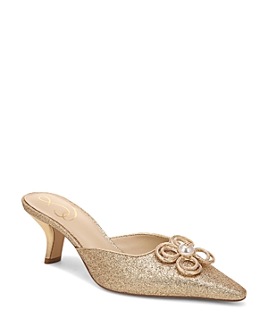 SAM EDELMAN WOMEN'S BIANKA TOUR POINTED TOE EMBELLISHED LOGO FLOWER MID HEEL MULES