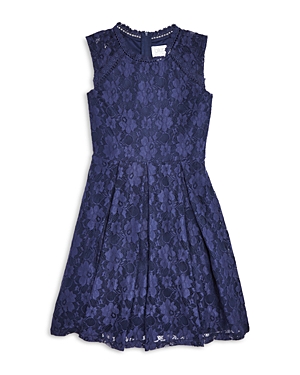Us Angels Girls' Fit And Flare Lace Dress With Crochet Trim - Big Kid In Navy
