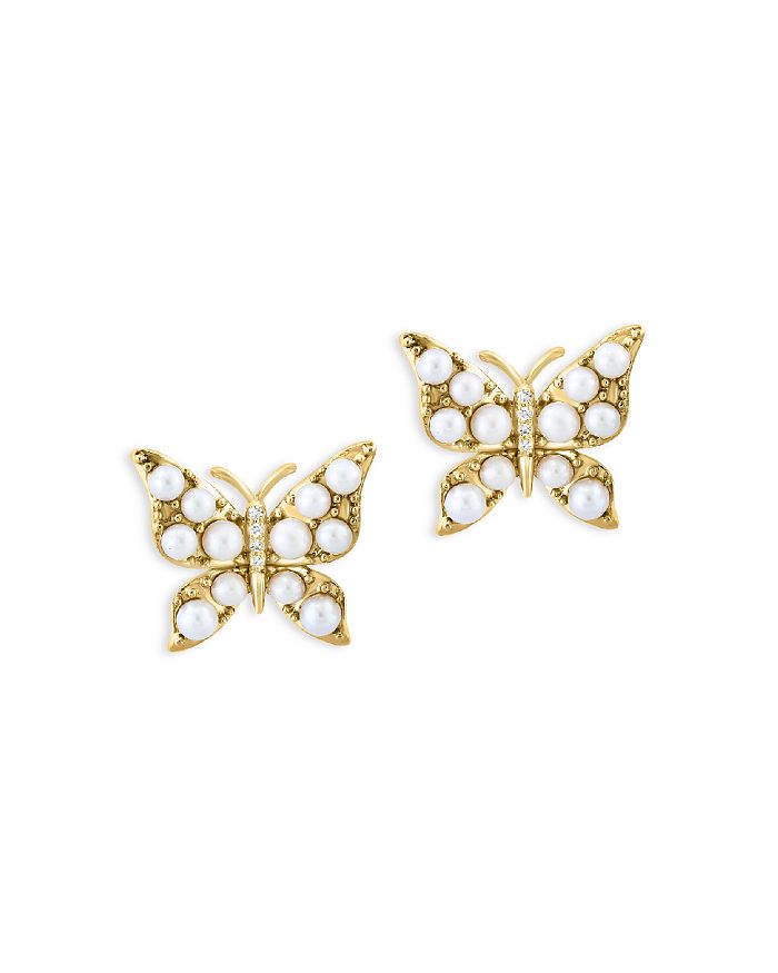 Bloomingdale's - 14K Yellow Gold & Cultured Freshwater Pearl Butterfly Stud Earrings with Diamonds, 0.03 ct. t.w. - 100% Exclusive