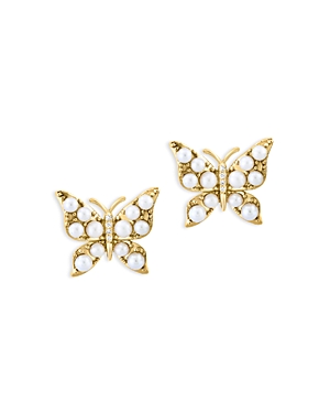 Bloomingdale's 14k Yellow Gold & Cultured Freshwater Pearl Butterfly Stud Earrings With Diamonds, 0.03 Ct. T.w. - 1 In White/yellow