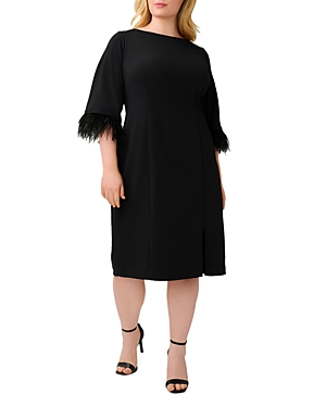 Adrianna Papell Plus Feather Trimmed Crepe Dress In Black