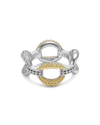 18K Yellow Gold & Sterling Silver Caviar Lux Large Diamond Oval Link Eternity Band Ring