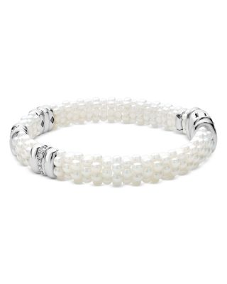 Sterling Silver White Caviar Ceramic & Diamond Beaded Bracelet