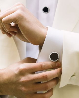 Round Rivet Etched Sterling Silver & Onyx Stud & Cufflink Set