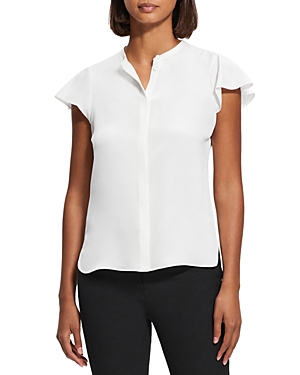 Theory Ruffle Sleeve Top In Silk Georgette In Ivory