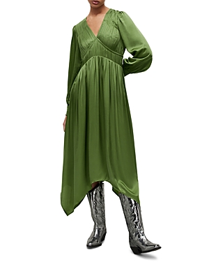 Allsaints Estelle Long Sleeve Asymmetric Hem Dress In Cactus Green