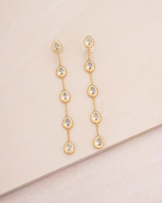 Single File Crystal Cubic Zirconia Teardrop Linear Drop Earrings in 18K Gold Plated
