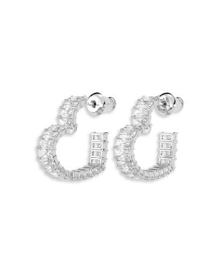 Matrix Baguette Crystal Small Heart Hoop Earrings in Rhodium Plated 
