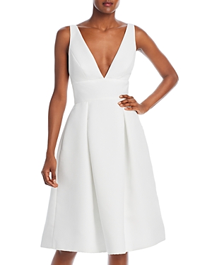 Shop Amsale Faille V-neck Fit-and-flare Dress In Silk White