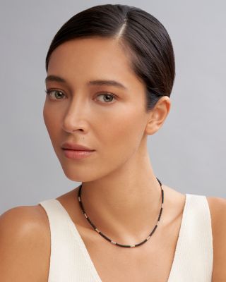 Black Caviar Silver Station Ceramic Beaded Necklace, 16"