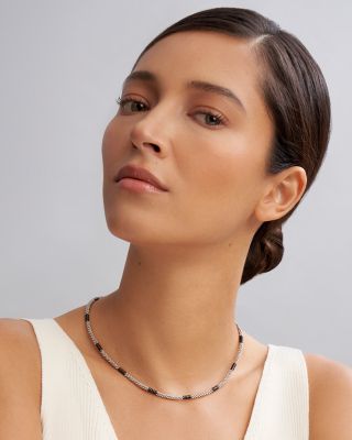 Black Caviar Silver Station Ceramic Beaded Necklace, 16"