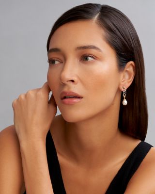 18k Gold & Sterling Silver Two Tone Luna Cultured Pearl Circle Drop Earrings 