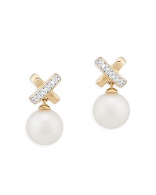 Bloomingdale's Fine Collection 14K Yellow Gold Cultured Freshwater Pearl & Diamond Drop Earrings, 0.05 ct. t. w. - Exclusive