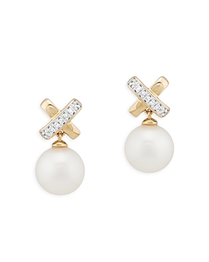 Bloomingdale's 14k Yellow Gold Cultured Freshwater Pearl & Diamond Drop Earrings, 0.05 Ct. T.w. - 100% Exclusive In White/gold